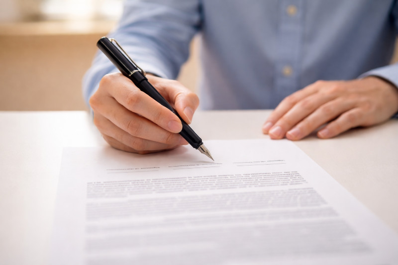 Person som går igenom bostadsrelaterade dokument vid ett köksbord